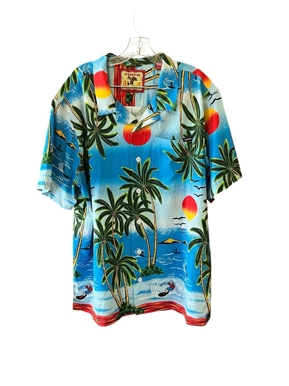 Cinch Classic Cowboy Collection Hawaiian Shirt XL Blue Tropical Palm Surf Cowboy